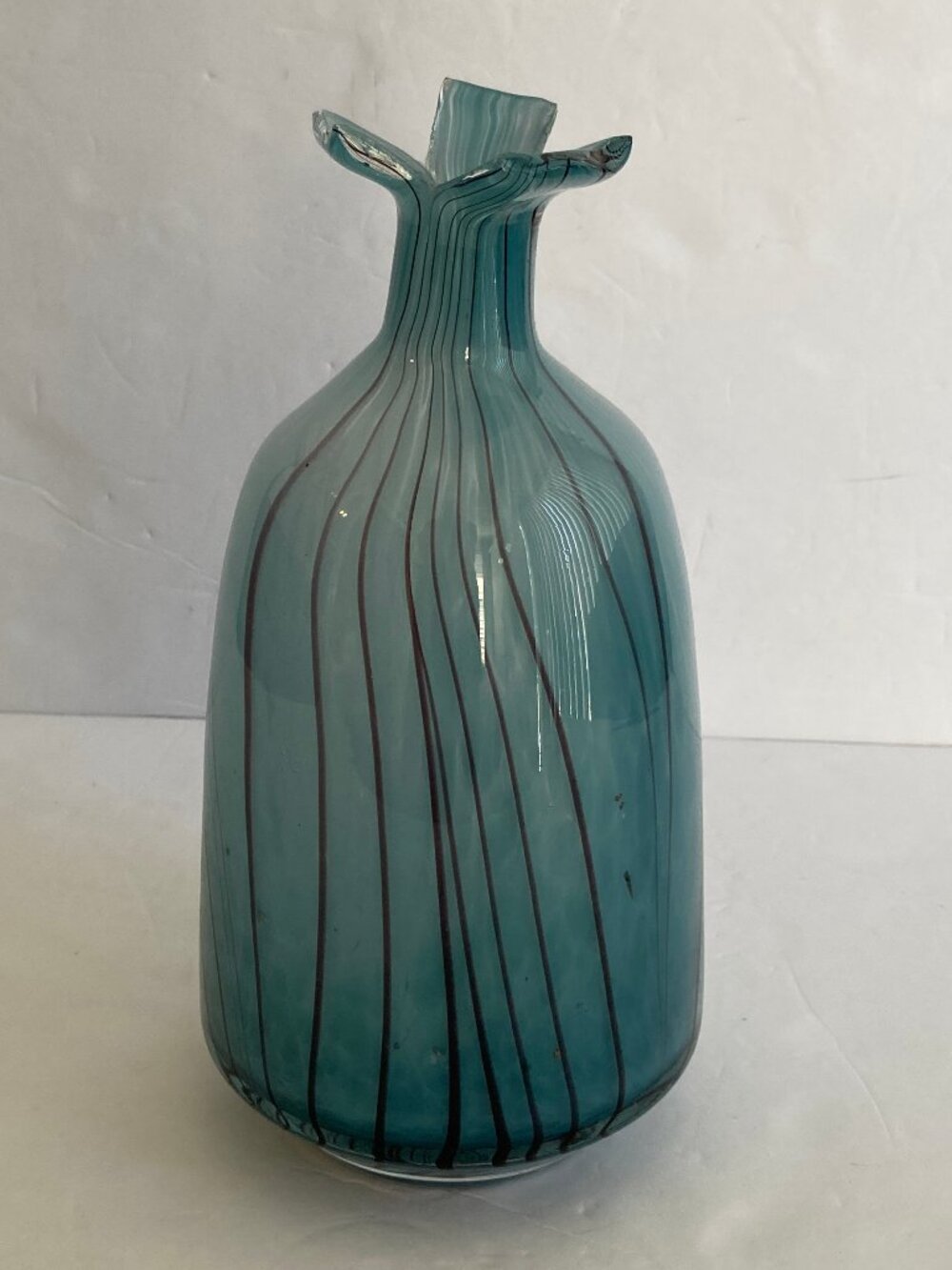 Vintage Heavy Glass Light Aqua with Brown Stripe Tilted Top Vase